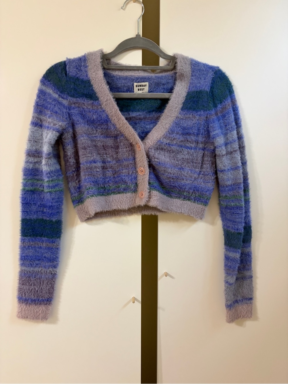 Sunday Best Lavender & Blue Striped Fuzzy Cropped Cardigan| size small